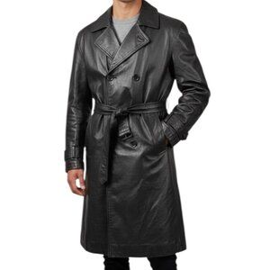 Vintage Hind Black Leather Belted Removable Liner Trench Coat Jacket Large